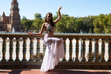 Genç ve güzel dansçı bir fotoğraf çekiminde kameraya poz veriyor. Kadın çok güzel ve geleneksel kıyafetler giyiyor. Güzellik, folklor ve göbek dansı konsepti.