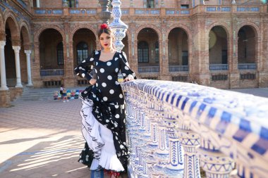 İspanyol, güzel, esmer flamenko dansçısı tipik siyah benekli flamenko elbisesi var. O, Sevilla 'daki parkta dans ediyor. Flamenko kavramı insanlığın kültürel mirası.