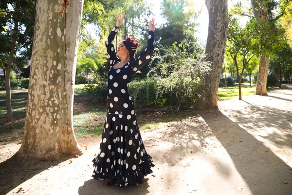 Spanische Schöne Brünette Flamenco Tänzerin Mit Einem Typischen Flamenco Kleid — Stockfoto