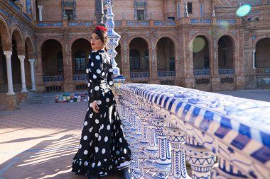 İspanyol, güzel, esmer flamenko dansçısı tipik siyah benekli flamenko elbisesi var. O, Sevilla 'daki parkta dans ediyor. Flamenko kavramı insanlığın kültürel mirası.