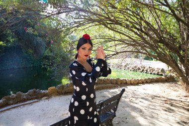 İspanyol, güzel, esmer flamenko dansçısı tipik siyah benekli flamenko elbisesi var. O, Sevilla 'daki parkta dans ediyor. Flamenko kavramı insanlığın kültürel mirası.