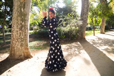 İspanyol, güzel, esmer flamenko dansçısı tipik siyah benekli flamenko elbisesi var. O, Sevilla 'daki parkta dans ediyor. Flamenko kavramı insanlığın kültürel mirası.