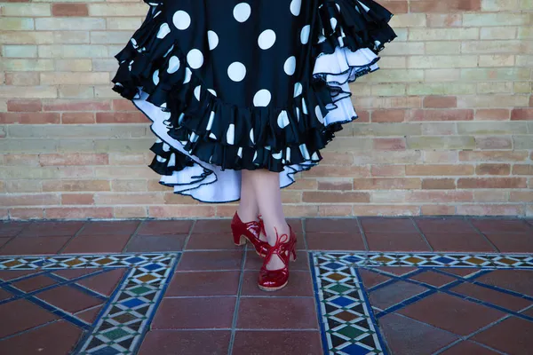 Dettaglio Delle Scarpe Ballo Flamenco Rosso Una Ballerina Flamenco Bruna — Foto Stock