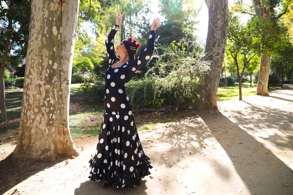 西班牙 美丽的 黑发弗拉门科舞者与典型的弗拉门科服装黑色与白色圆点 她正在塞维利亚的公园里跳舞 弗拉门戈人类文化遗产概念 — 图库照片