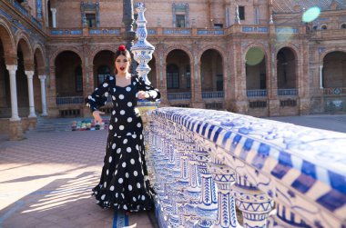 İspanyol, güzel, esmer flamenko dansçısı tipik siyah benekli flamenko elbisesi var. O, Sevilla 'daki parkta dans ediyor. Flamenko kavramı insanlığın kültürel mirası.