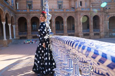 İspanyol, güzel, esmer flamenko dansçısı tipik siyah benekli flamenko elbisesi var. O, Sevilla 'daki parkta dans ediyor. Flamenko kavramı insanlığın kültürel mirası.