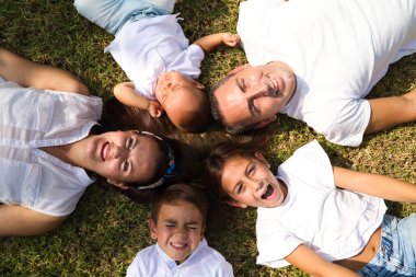Beş kişilik bir ailenin portresi, anne, baba ve çocuklar taze çimlerin üzerinde uzanmış kameraya bakıyor. Bu mutlu ve birleşik bir aileye bir örnektir. Aile kavramı ebeveynler ve çocuklar.