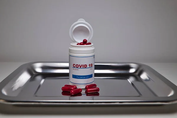 White Bottle Covid Antiviral Pills Opened Pills Out Bottle Steel — Stock Photo, Image