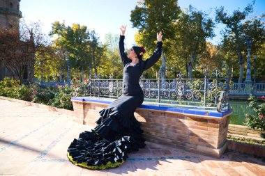 Flamenko dansçısı, esmer ve güzel, tipik siyah kostümlü, sarı benekli bir kadın parkta bir bankta oturuyor. İnsanlığın kültürel mirası Flamenko kavramı.