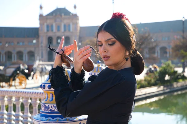 Siyah çingene kostümüyle flamenko dansı yapan bir kadının portresi. Sarı benekli, saçlarında kırmızı çiçek ve ellerinde kastanyetlerle. İnsanlığın Flamenko kültürel mirası kavramı.