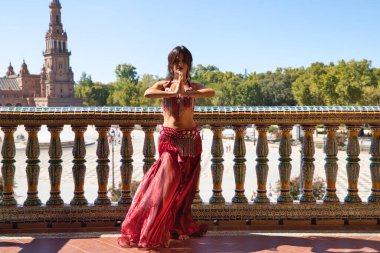Genç ve güzel dansçı bir fotoğraf çekiminde kameraya poz veriyor. Kadın çok güzel ve geleneksel kıyafetler giyiyor. Güzellik, folklor ve göbek dansı konsepti.