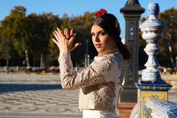 Bailarina Flamenco Mujer Morena Hermosa Bailarina Típica Española Está Bailando —  Fotos de Stock