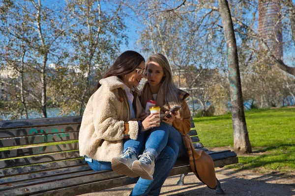 Пара Лесбиянок Сидит Скамейке Проверяет Свои Социальные Сети Чашкой Кофе — стоковое фото