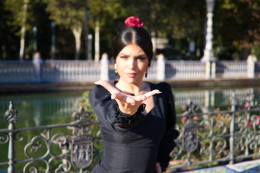 Saçında kırmızı bir çiçek olan tipik siyah bir elbise giymiş güzel bir esmer flamenko dansçısı. Kadın kameraya elini ön planda gösteriyor. İnsanlığın Flamenko kültürel mirası.