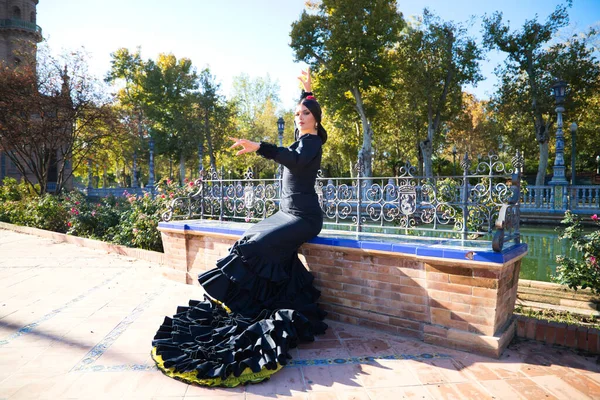 Donna Ballerina Flamenco Bruna Bella Vestita Tipico Costume Nero Con — Foto Stock