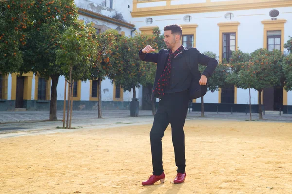 Gypsy Man Dancing Flamenco Dressed Black Red Shoes Dancing Ground — Stock Photo, Image