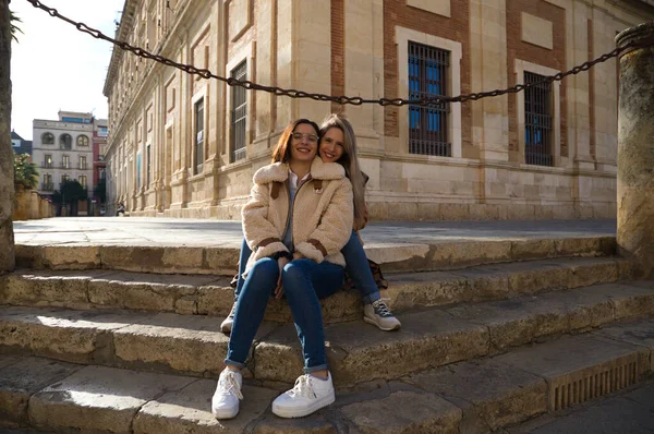 Lesbian Couple Sitting Steps Pavement Monumental Square Old Europe Very — Stock Photo, Image