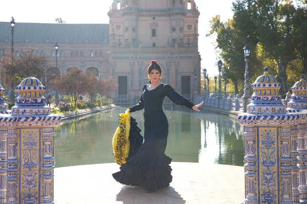 Siyah çingene kostümüyle flamenko yapan kadın sarı benekli ve saçlarında kırmızı çiçekli. Seville 'deki parkta dans ederken ellerini uzatıyor. İnsanlığın Flamenko kültürel mirası.