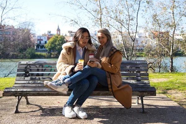 Ett Lesbiskt Par Sitter Bänk Och Kollar Sina Sociala Nätverk — Stockfoto