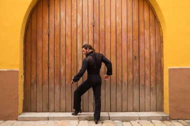 Siyah tişört ve kırmızı güllerle flamenko yapan adam ahşap bir kapının arkasında dans ederken farklı duruşlar sergiliyor. Flamenko dans konsepti insanlığın kültürel mirası. Tutkuyu hisset.