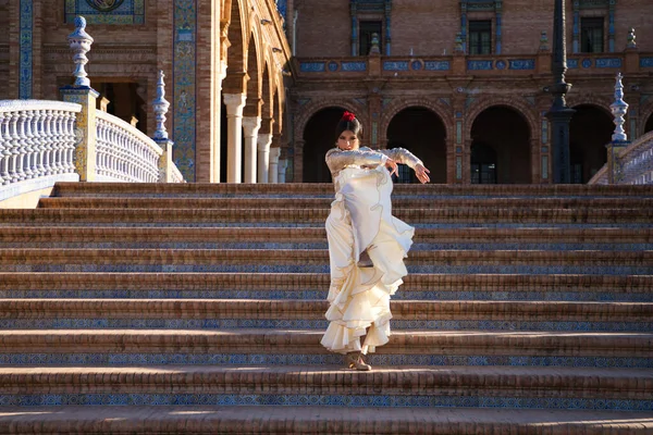 Flamenco Dancer Woman Brunette Beautiful Typical Spanish Dancer Dancing Clapping — Stockfoto