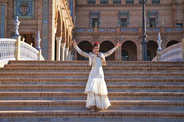 Flamenko dansçısı, kadın, esmer ve güzel tipik İspanyol dansçı Sevilla meydanında dans edip ellerini çırpıyor. İnsanlığın kültürel mirası Flamenko kavramı.