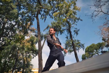 Uzun saçlı çingene adam Seville 'deki bir parkta açık hava sahnesinde flamenko yapıyor ve farklı pozlar veriyor. Flamenko dans konsepti insanlığın kültürel mirası.