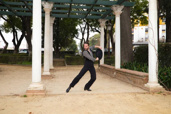 Çingene adam uzun saçlı ve sakallı flamenko dansı yapıyor mermer sütunların yanındaki parkta. Elinde siyah bir şapka tutuyor ve tutkuyla farklı duruşlar sergiliyor. Flamenko dansı.