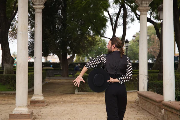 Çingene adam uzun saçlı ve sakallı flamenko dansı yapıyor mermer sütunların yanındaki parkta. Elinde siyah bir şapka tutuyor ve tutkuyla farklı duruşlar sergiliyor. Flamenko dansı.