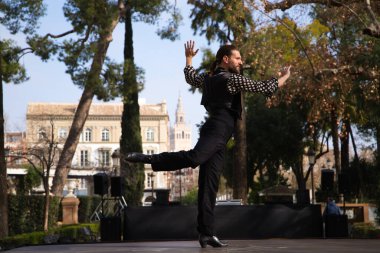 Uzun saçlı çingene adam Seville 'deki bir parkta açık hava sahnesinde flamenko yapıyor ve farklı pozlar veriyor. Flamenko dans konsepti insanlığın kültürel mirası.
