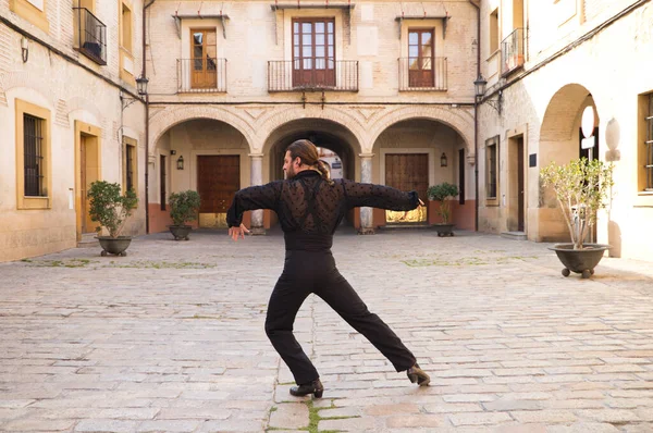 İspanya, Seville 'de sütunları ve balkonları olan bir meydanda uzun saçlı flamenko dansı yapan orta yaşlı bir flamenko. Tutkuyu hisset. Flamenko dans konsepti insanlığın kültürel mirası.