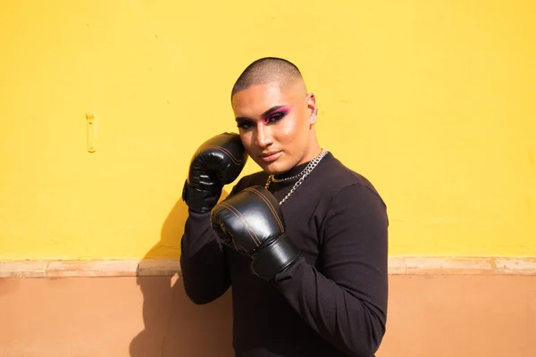 Young Non Binary Person Wears Boxing Gloves Mustard Yellow Background — Stock fotografie