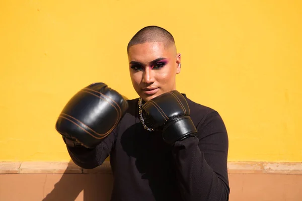 Young Non Binary Person Wears Boxing Gloves Mustard Yellow Background — Stock fotografie
