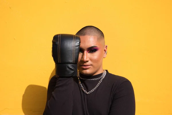 Young Non Binary Person Wears Boxing Gloves Mustard Yellow Background — Stock fotografie