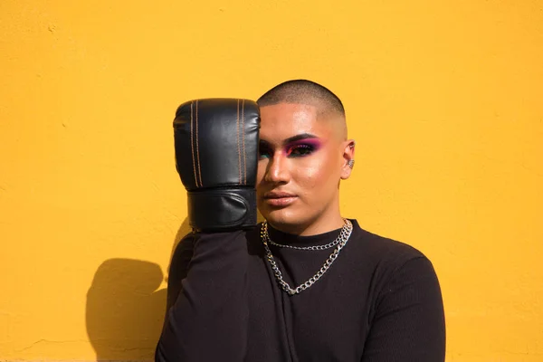 Young Non Binary Person Wears Boxing Gloves Mustard Yellow Background — Stock fotografie