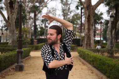 Uzun saçlı ve sakallı, flamenko dansı yapan yakışıklı çingene adam Seville şehrinde bir parkta dans ediyordu. Flamenko, dans, kültür, turizm ve sanat kavramı.