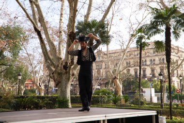 Uzun saçlı çingene adam Seville 'deki bir parkta açık hava sahnesinde flamenko yapıyor ve farklı pozlar veriyor. Flamenko dans konsepti insanlığın kültürel mirası.