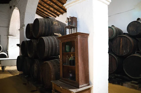 group of wooden barrels from a wine cellar in spain. The barrels are full of wine from the last vintage. Concept wines of the world.