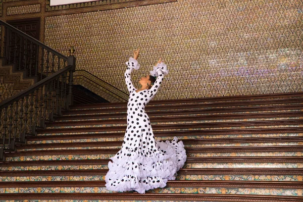 Beautiful Teenage Woman Dancing Flamenco White Dress Black Polka Dots — Foto Stock