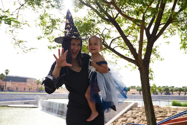Happy Halloween Child Dressed Halloween Party His Mother Dressed Witch — Stockfoto
