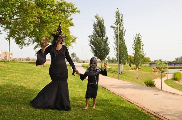 Happy Halloween Child Dressed Halloween Party His Mother Dressed Witch — 스톡 사진