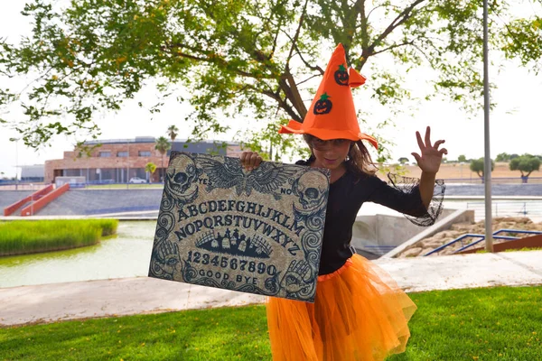 Happy Halloween Little Girl Dressed Witch Orange Hat Orange Skirt — Stockfoto