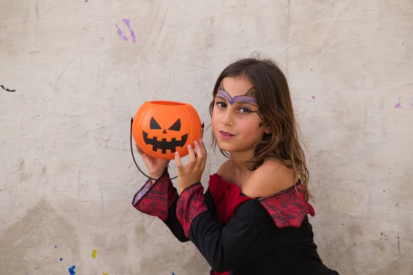 Happy Halloween Cute Little Girl Dressed Witch Halloween Party Grey — Stockfoto