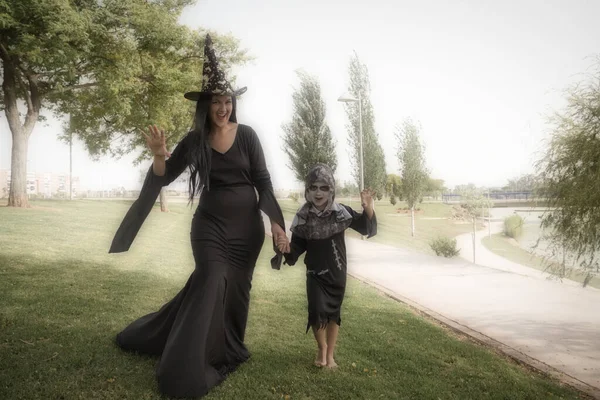 Happy Halloween Child Dressed Halloween Party His Mother Dressed Witch — Stockfoto