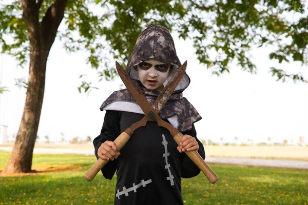 Happy Halloween Boy Dressed Halloween Party Holding Pair Rusty Pruning — 스톡 사진