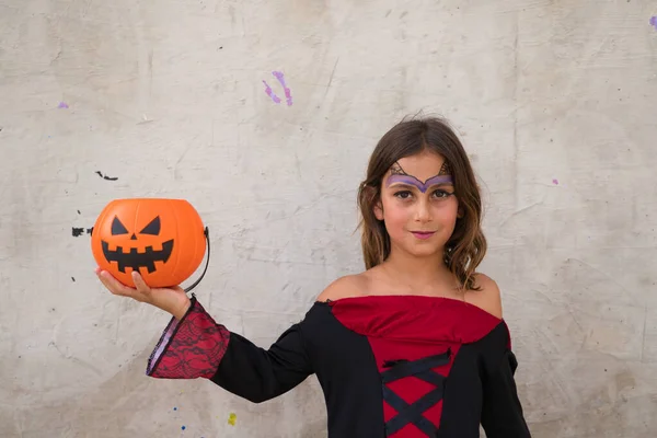 Happy Halloween Cute Little Girl Dressed Witch Halloween Party Grey — Stockfoto