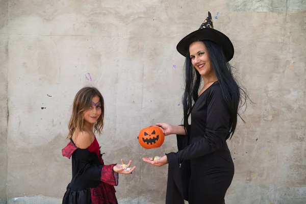 Happy Halloween Young Beautiful Woman Girl Dressed Witches Grey Background —  Fotos de Stock