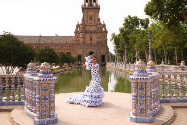 Flamenko dansçısı kadın, tipik bir kostüm ve puantiyeli güzel esmer kız parkta bir meydanda kanal kenarında dans ediyor. Flamenko dünya kültür mirası konsepti.