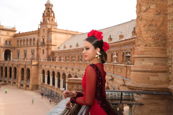 Beautiful Teenage Woman Dancing Flamenco Balcony Square Seville She Wears — Stok fotoğraf