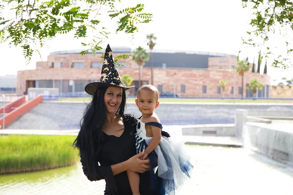 Happy Halloween Child Dressed Halloween Party His Mother Dressed Witch — Stok fotoğraf